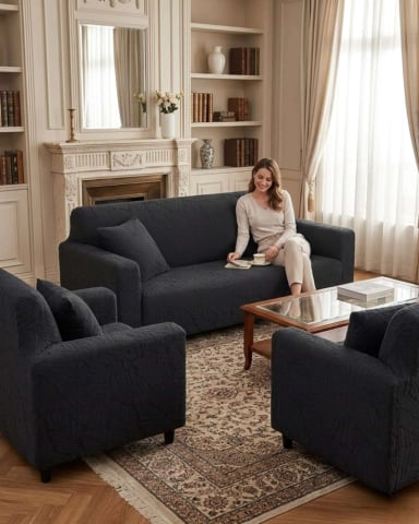 JUEGO DE FUNDAS PARA SILLONES 3+1+1 DISEÑO HOJAS ELASTICAS Y LAVABLES - 1