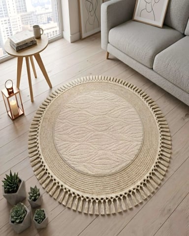 ALFOMBRA REDONDA CON FLECOS 80CM DIAMETRO DISEÑO BOHO - 1