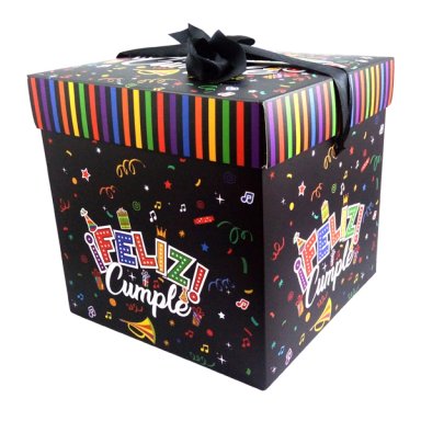 CAJA PLEGABLE FELIZ CUMPLE NEGRO GRANDE 22X22 CM X12 UNI - 1
