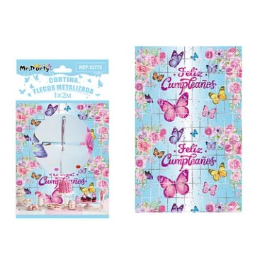 CORTINA DE FLECOS CUADRADAS AZUL CON MARIPOSAS 1*2M - 1