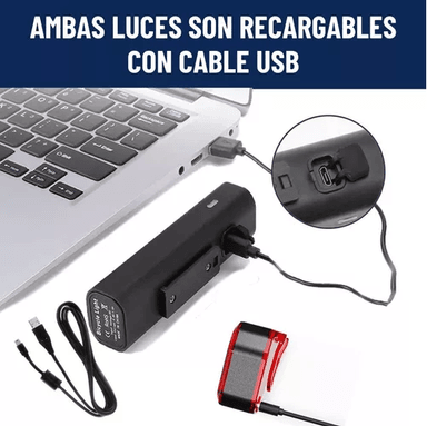 SET DE LUCES PARA BICICLETA, DELANTERA Y TRASERA, USB, MAXWELL, IMPERMEABLE, COLOR EN COLOR NEGRO - 2