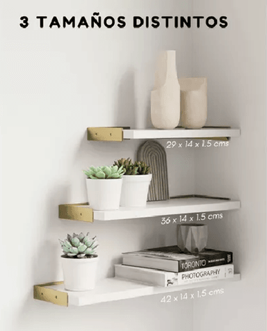 REPISAS FLOTANTES DE MADERA MULTIPROPÓSITO KIT 3 BLANCO CON DORADO - 3