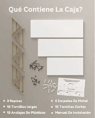 REPISAS FLOTANTES DE MADERA MULTIPROPÓSITO KIT 3 BLANCO CON DORADO - 4