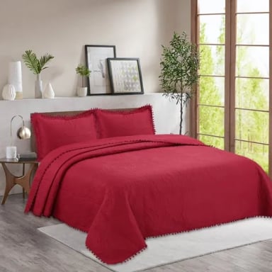CUBRECAMA QUILT POMPONES 2 PLAZAS COLOR ROJO - 1