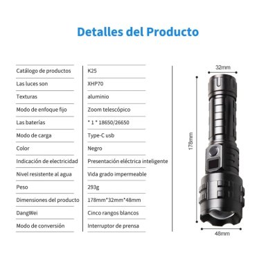 LINTERNA 100000 LUMENS TACTICA RECARGABLA PORTATIL ALTA POTENCIA CON ZOOM 5 MODOS DE ILUMINACION - 2