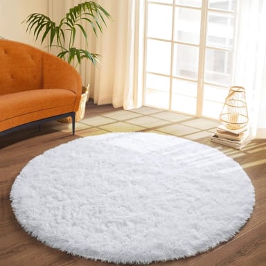 ALFOMBRA REDONDA PELUDA 150X150 CM  SUAVE MODERNA, ELEGANTE DECORATIVA BLANCO TFI - 1