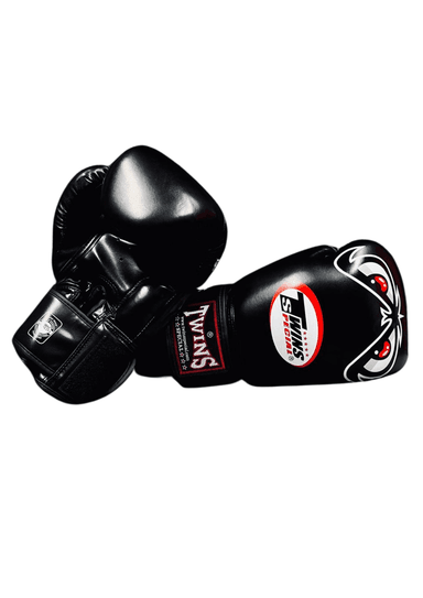 GUANTES DE BOXEO MUAY THAI TWINS BAD EYES 100% CUERO NEGRO - 2