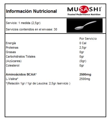MUSASHI AMINOACIDOS BCAA L-VALINA 2500MG VALINA 75GR - 2