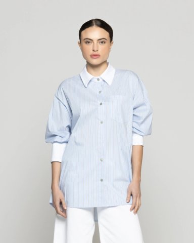 CAMISA MUJER LEILA OVERSIZE CON CUELLO Y PUÑO BLANCO A RAYAS LINEATRE - 1