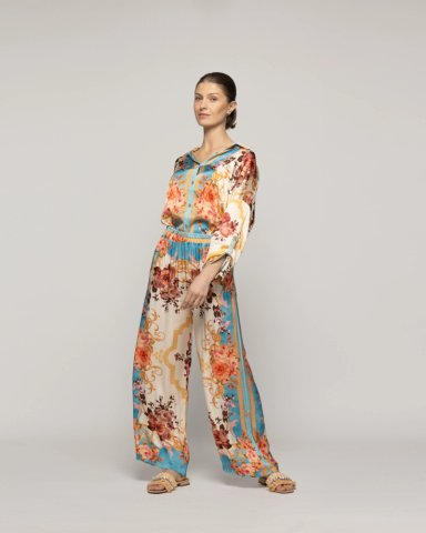 PANTALON MUJER BRENNA SATINADO ESTAMPADO BARROCO CELESTE LINEATRE - 1
