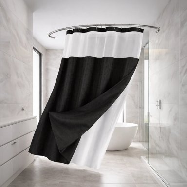 CORTINA DE BAÑO DISEÑO IMPERMEABLE + FORRO Y 12 GANCHOS NEGRO AZ - 1