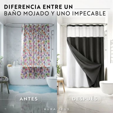 CORTINA DE BAÑO DISEÑO IMPERMEABLE + FORRO Y 12 GANCHOS NEGRO AZ - 3