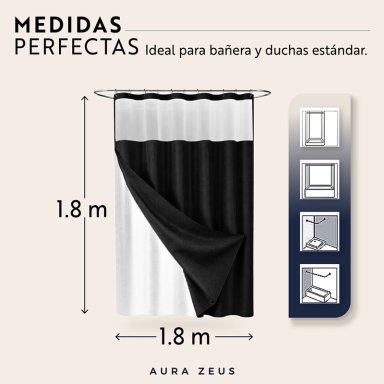 CORTINA DE BAÑO DISEÑO IMPERMEABLE + FORRO Y 12 GANCHOS NEGRO AZ - 4