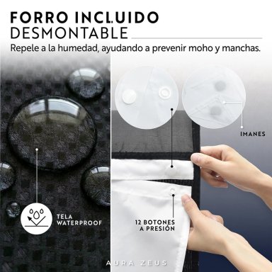 CORTINA DE BAÑO DISEÑO IMPERMEABLE + FORRO Y 12 GANCHOS NEGRO AZ - 7