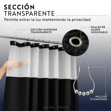 CORTINA DE BAÑO DISEÑO IMPERMEABLE + FORRO Y 12 GANCHOS NEGRO AZ - 8