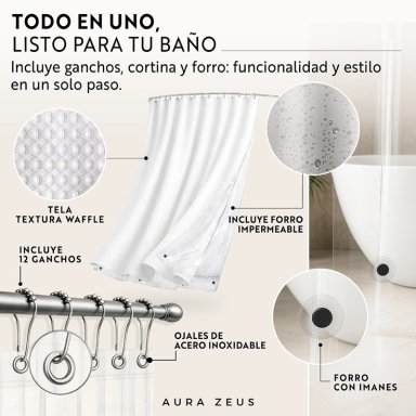 CORTINA DE BAÑO TELA + FORRO + 12 GANCHOS 180 X 180 JUEGO AZ - 4