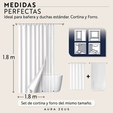 CORTINA DE BAÑO TELA + FORRO + 12 GANCHOS 180 X 180 JUEGO AZ - 5