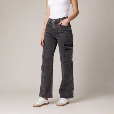 JEANS MUJER CARGO DENIM MATIZADO MOMCHIC MOMCHIC NEGRO - 1