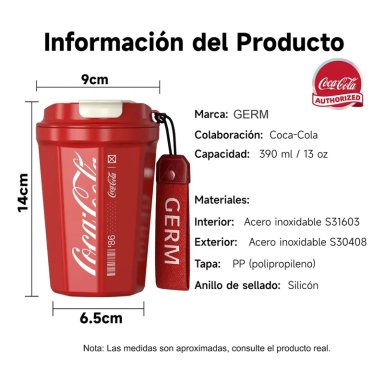 COCA COLA GERM TERMO TAZA DE CAFE  FRIO O CALIENTE VASO TE RMICO, 390 ML ROJO - 5