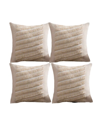 KIT DE 4 FUNDAS DE COJIN CHENILLE CON FLECOS BEIGE - 1