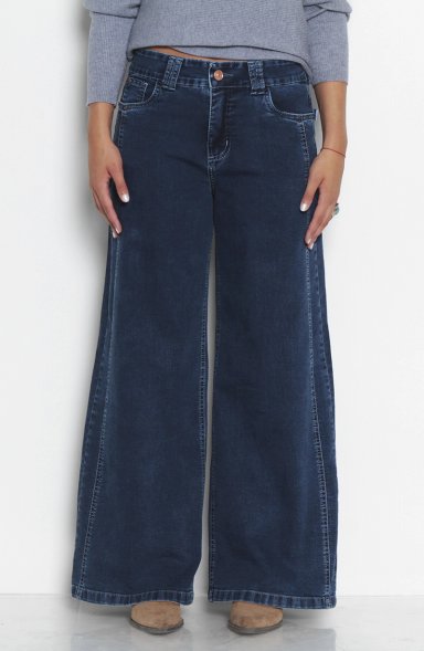 JEANS MUJER WIDE LEG TIRO ALTO COSTADILLOS PRETINA BASICA - 1