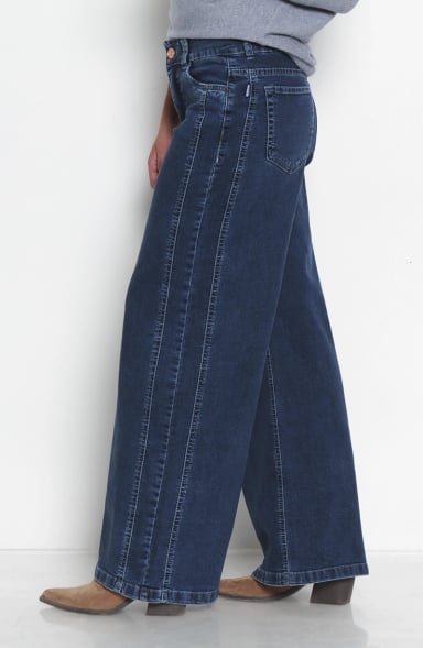 JEANS MUJER WIDE LEG TIRO ALTO COSTADILLOS PRETINA BASICA - 7