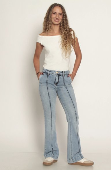 JEANS MUJER FLARE ALFORZA TIRO ALTO PRETINA BASICA 1 BOTON - 4