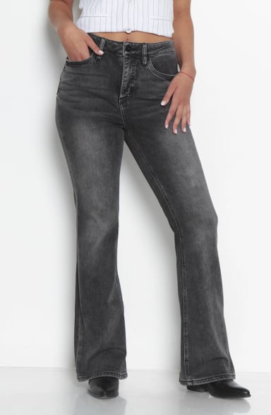 JEANS MUJER FLARE TIRO ALTO PRETINA BASICA 1 BOTON - 1