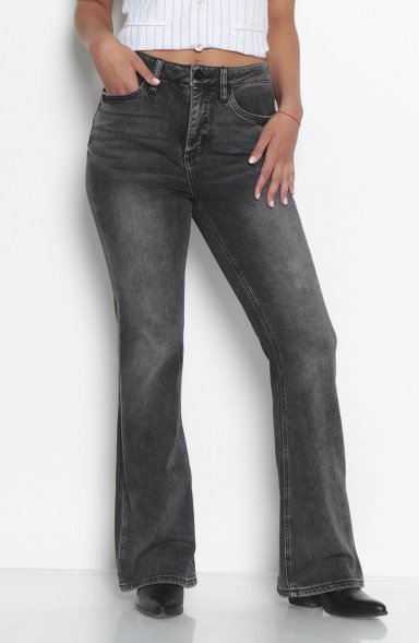 JEANS MUJER FLARE TIRO ALTO PRETINA BASICA 1 BOTON - 1
