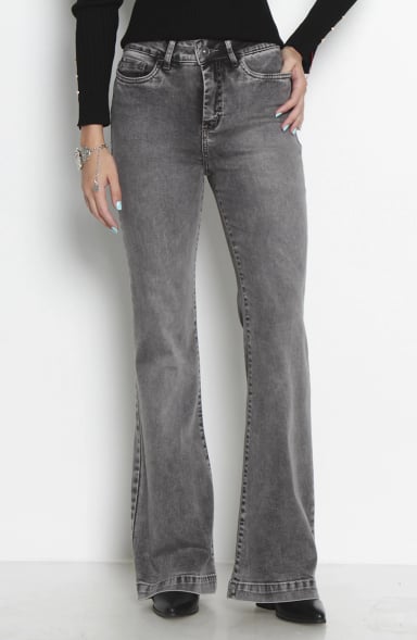 JEANS MUJER FLARE TIRO ALTO PRETINA BASICA 1 BOTON PUSH UP - 1