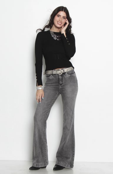 JEANS MUJER FLARE TIRO ALTO PRETINA BASICA 1 BOTON PUSH UP - 4