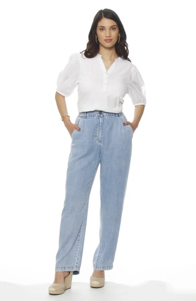 PANTALON TENCEL WIDE LEG TIRO ALTO PRETINA BASICA 1 BOTON - 3