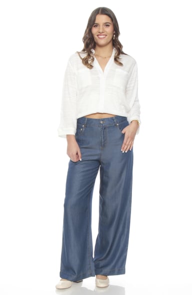 PANTALON LYOCELL WIDE LEG TIRO ALTO PRETINA BASICA 1 BOTON - 3