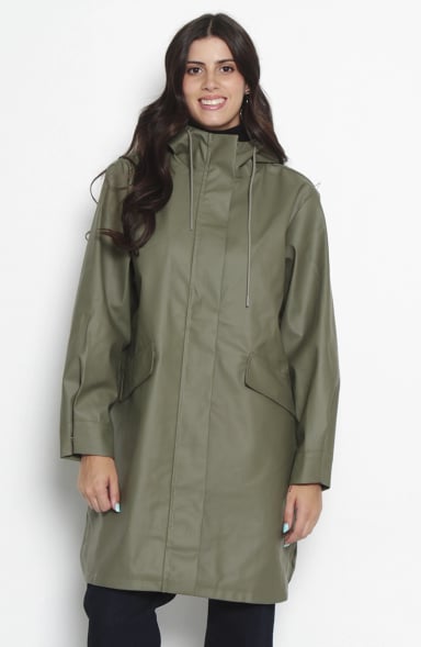 CHAQUETA IMPERMEABLE SOLIDA CON CAPUCHA Y BOLSILLOS - 1