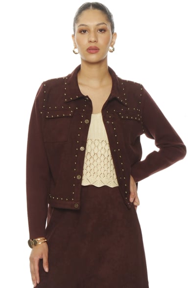 CHAQUETA SUEDE MANGA LARGA CON TACHAS Y BOLSILLOS - 1