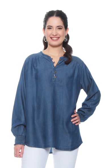 BLUSA TENCEL CUELLO MAO CON APLICACION EN HOMBROS - 1