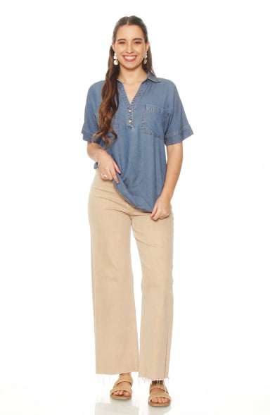 BLUSA MANGA CORTA TENCEL  ESCOTE V CON BOLSILLOS - 4