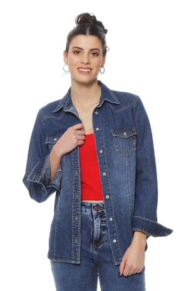BLUSA MANGA LARGA DENIM CON BROCHE EN DELANTERO Y BOLSILLO CON TAPETA - 5