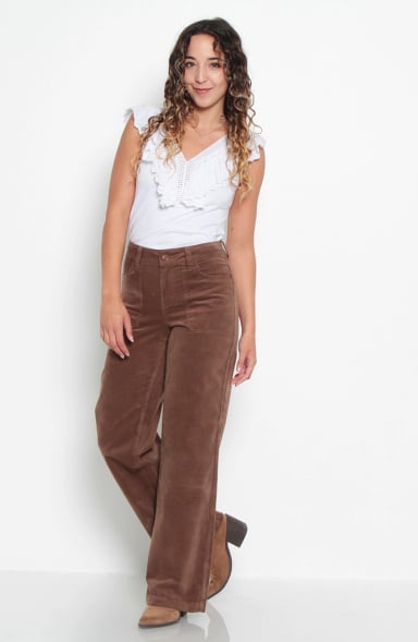 PANTALON WIDE LEG COTELE TIRO ALTO PRETINA BASICA 1 BOTON - 3