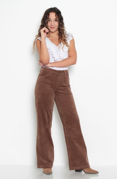 PANTALON WIDE LEG COTELE TIRO ALTO PRETINA BASICA 1 BOTON - 4