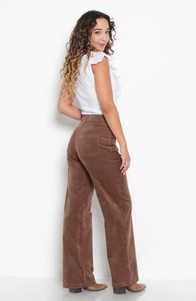 PANTALON WIDE LEG COTELE TIRO ALTO PRETINA BASICA 1 BOTON - 7