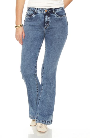 JEANS MUJER FLARE TIRO ALTO PRETINA BASICA UN BOTON PUSH UP - 1