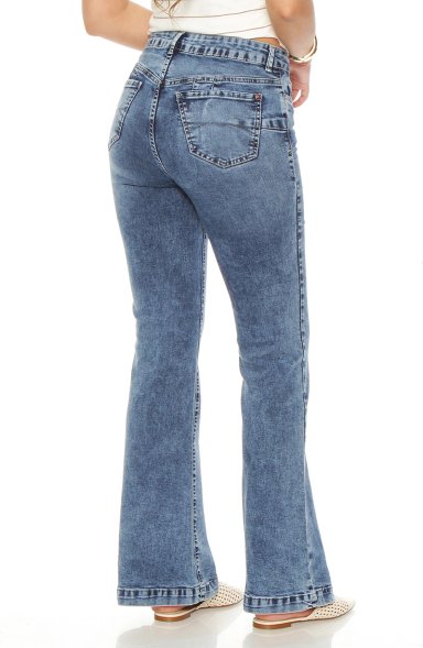 JEANS MUJER FLARE TIRO ALTO PRETINA BASICA UN BOTON PUSH UP - 6
