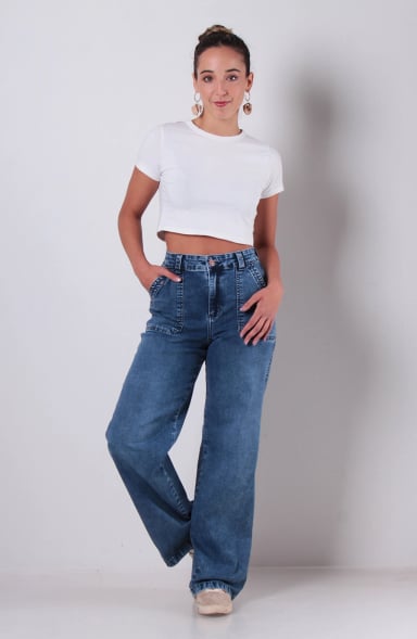 JEANS MUJER CARGO RECTO TIRO ALTO PRETINA UN BOTON - 4