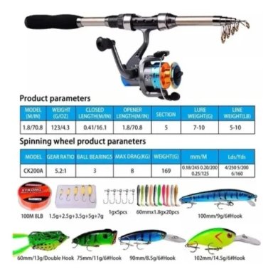 KIT PESCA 1.8M CAÑA CARRETE SEÑUELO ACCESORIO BOLSA COMPLETO - 6