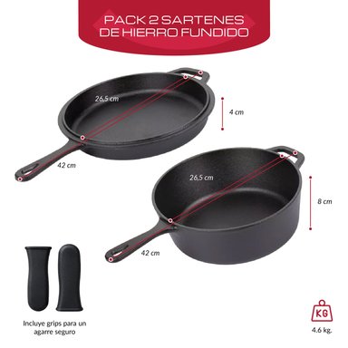 PACK DE 2 SARTENES ANTIADHERENTE HIERRO FUNDIDO CURADO ESMALTADO DE ALTA CALIDAD COLOR NEGRO - 4