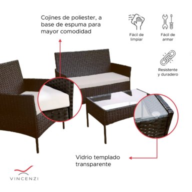 SET JUEGO DE TERRAZA 4PCS MESA SILLAS SILLON RATTAN VINCENZI - 4