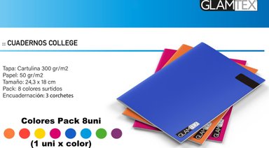 PACK X8 CUADERNOS COLLEGE GLAM 80 HOJAS CROQUIS COLORES - 2