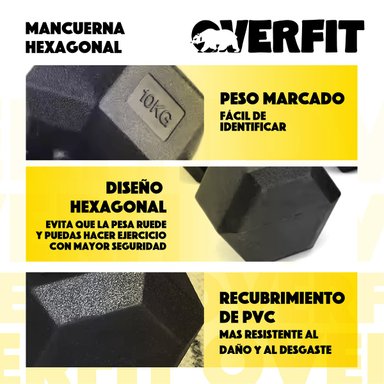 MANCUERNA HEXAGONAL 10KG PAR SET X2 PESAS PVC 20KG OVERFIT - 6