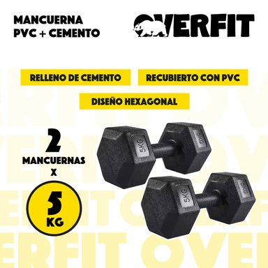 MANCUERNA HEXAGONAL 5KG PAR SET X2 PESAS PVC 10KG OVERFIT - 2